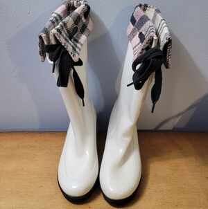 Sperry Top Sider Wedge White Rain Boots with Plaid Cuff